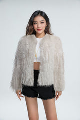 Solid Color Round Neck Tassel Wool Faux Fur Short Coat