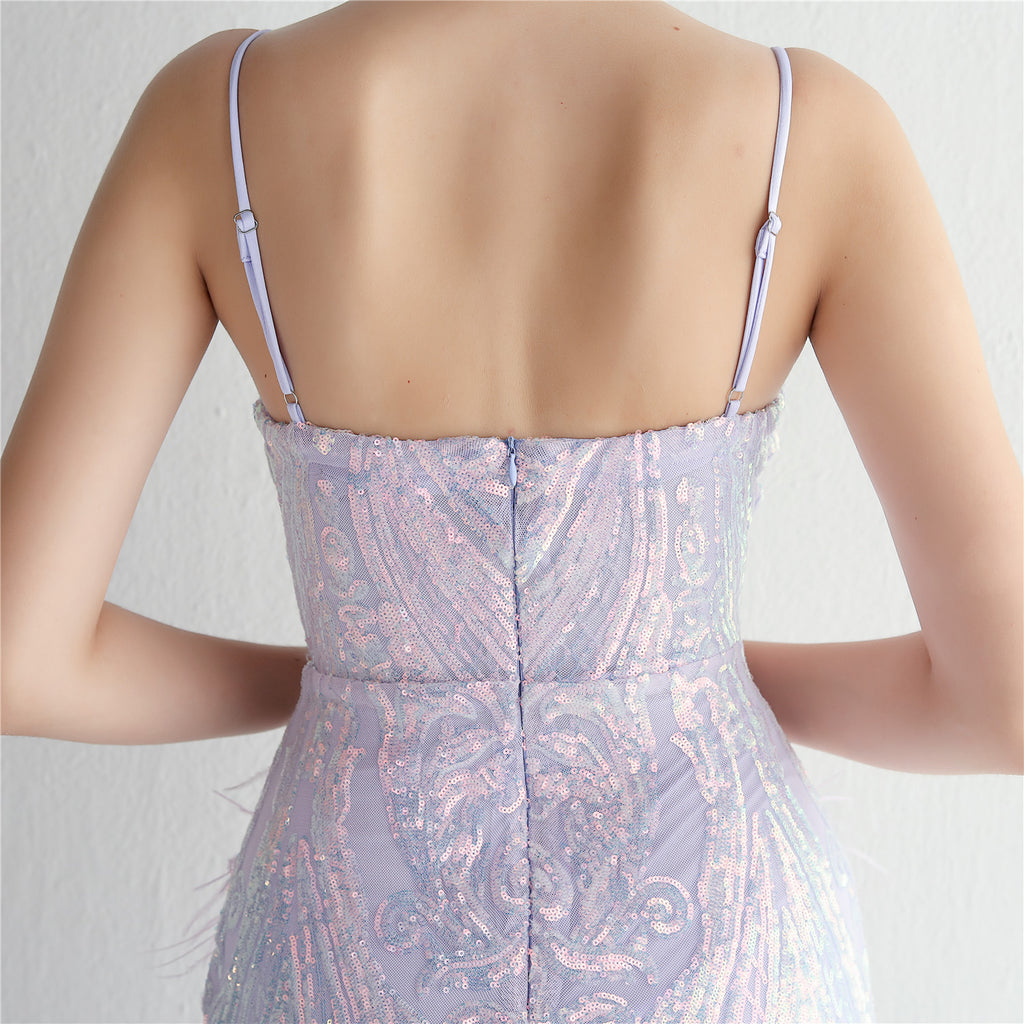 REVCHIC LUXE Elegant V-Neck Feather Sequin Maxi Gown