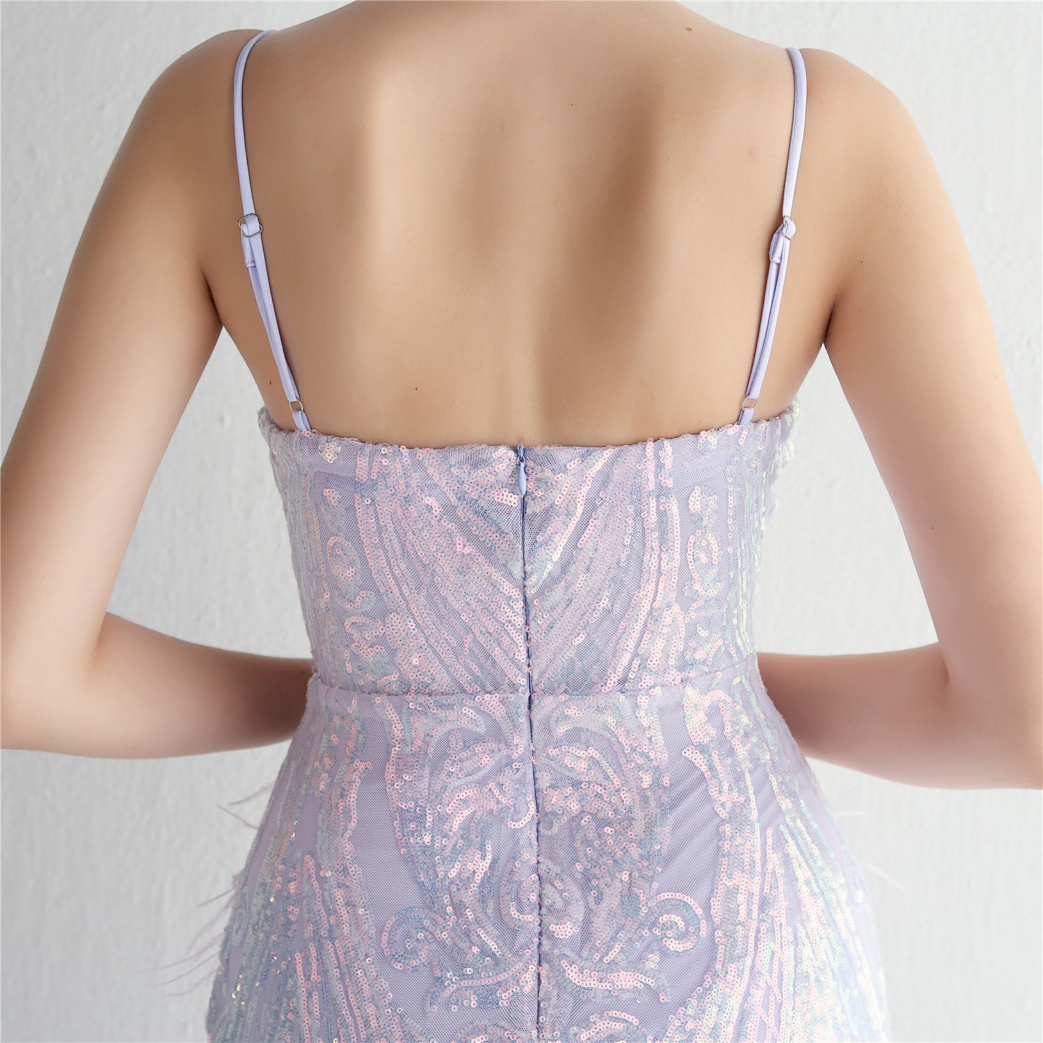 REVCHIC LUXE Elegant V-Neck Feather Sequin Maxi Gown