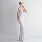 REVCHIC LUXE Elegant V-Neck 3D Floral Sequin Maxi Gown