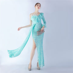 Elegant Feather Ruffled Side Slit Sequined Evening Dress