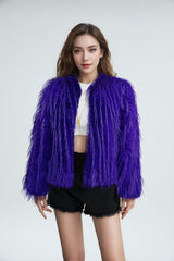 Solid Color Round Neck Tassel Wool Faux Fur Short Coat