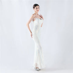 Elegant Boning Corset Floral Sequin Beaded Strap Evening Dress