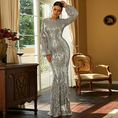 Elegant Long Sleeve Sequined Evening Dress