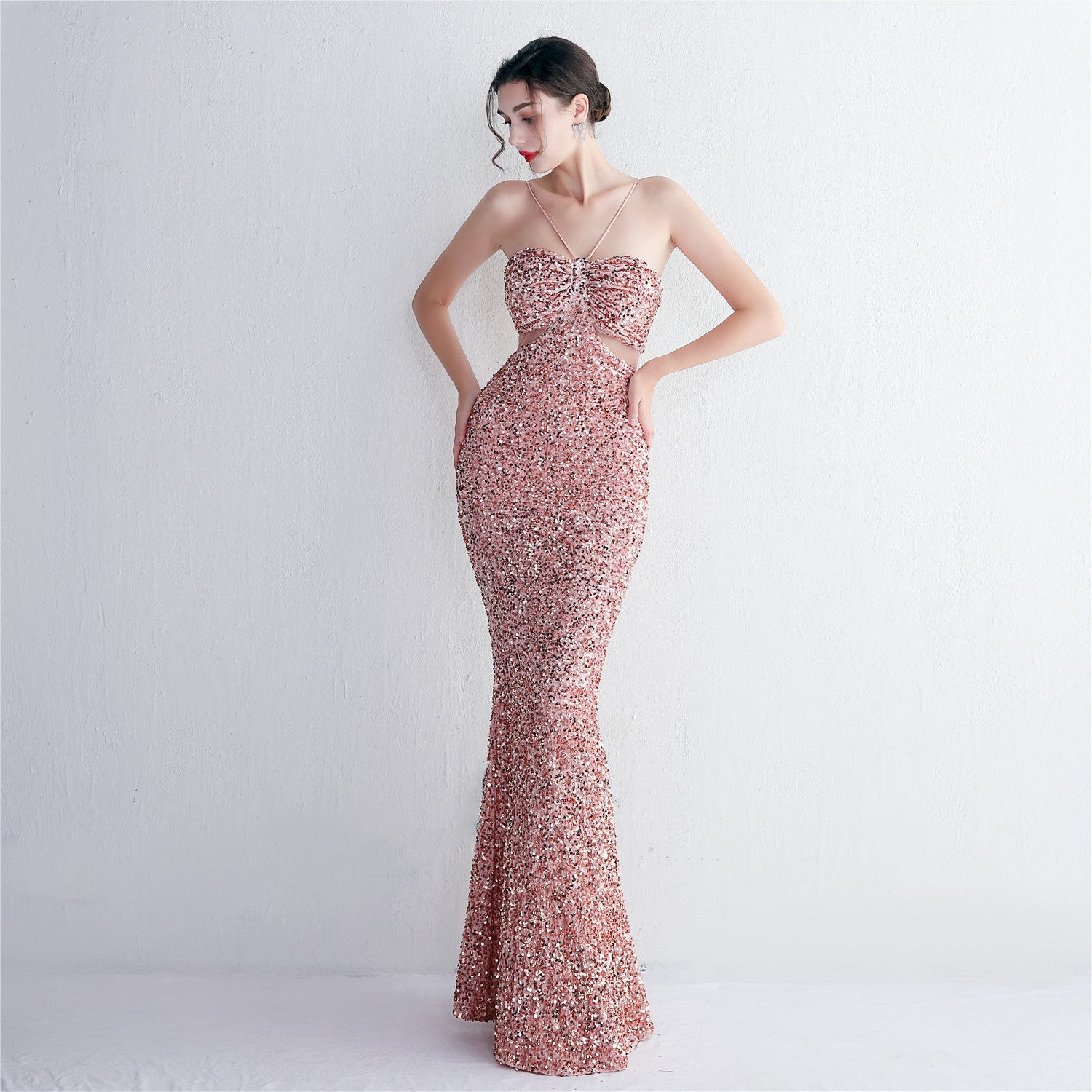 REVCHIC LUXE Elegant Halter Sequin Ruched Maxi Gown