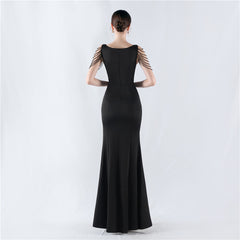 Elegant Embroidery Drilling Sheer Mesh Satin Evening Dress