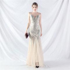 Elegant Sequin V-Neck Mesh Camisole Evening Dress