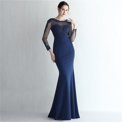 Elegant Satin Rhinestone Lace Long Sleeve Evening Dress