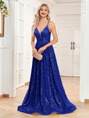 Sexy Backless Deep V Plunge Neck Sequined Evening Dress