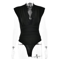 Sexy V Neck Sleeveless Lace Patchwork Bodysuit