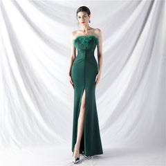 Elegant Ostrich Feather Satin Long Evening Dress