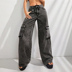 Women High Waist Large Pocket Denim Jeans