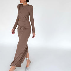 Sexy Brown Long Sleeve Cutout Pleated Party Dress