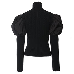 Black Short Turtleneck Puff Sleeve Sweater Top