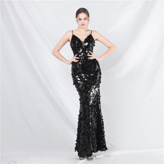 Elegant Sequin Strap Long Evening Dress