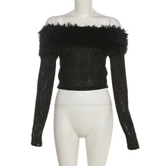 Women off Neck Sexy Fur Collar Long Sleeve T Shirt Pants Set