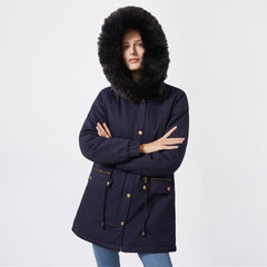 Women Fleece Lined Fur Collar Hooded Warm Jacket