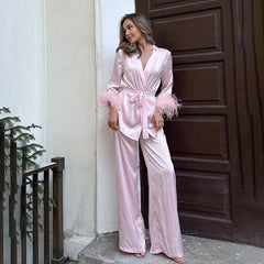 Autumn Pink Artificial Silk Feather Pajamas Two Piece Sets