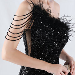 Elegant Feather Beaded Sequin One Shoulder Evening Dress