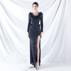 Ostrich Feather Long Sleeve Sequin Evening Dress