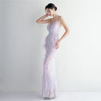 REVCHIC LUXE Elegant V-Neck Feather Sequin Maxi Gown