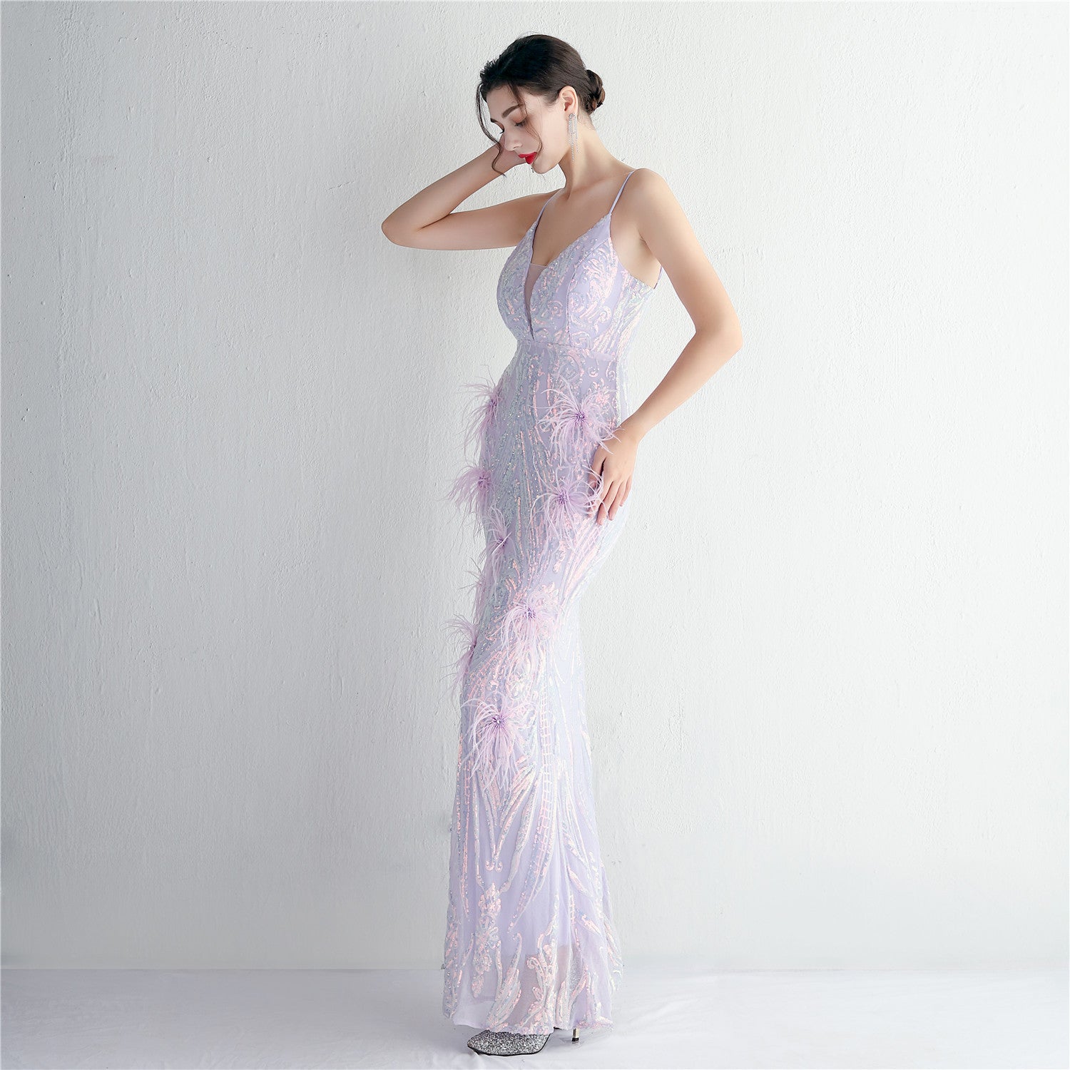 REVCHIC LUXE Elegant V-Neck Feather Sequin Maxi Gown