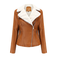 Women Fleece lined Long Sleeve Warm Fur Leather Jacket