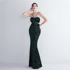 REVCHIC LUXE Elegant Halter Sequin Ruched Maxi Gown