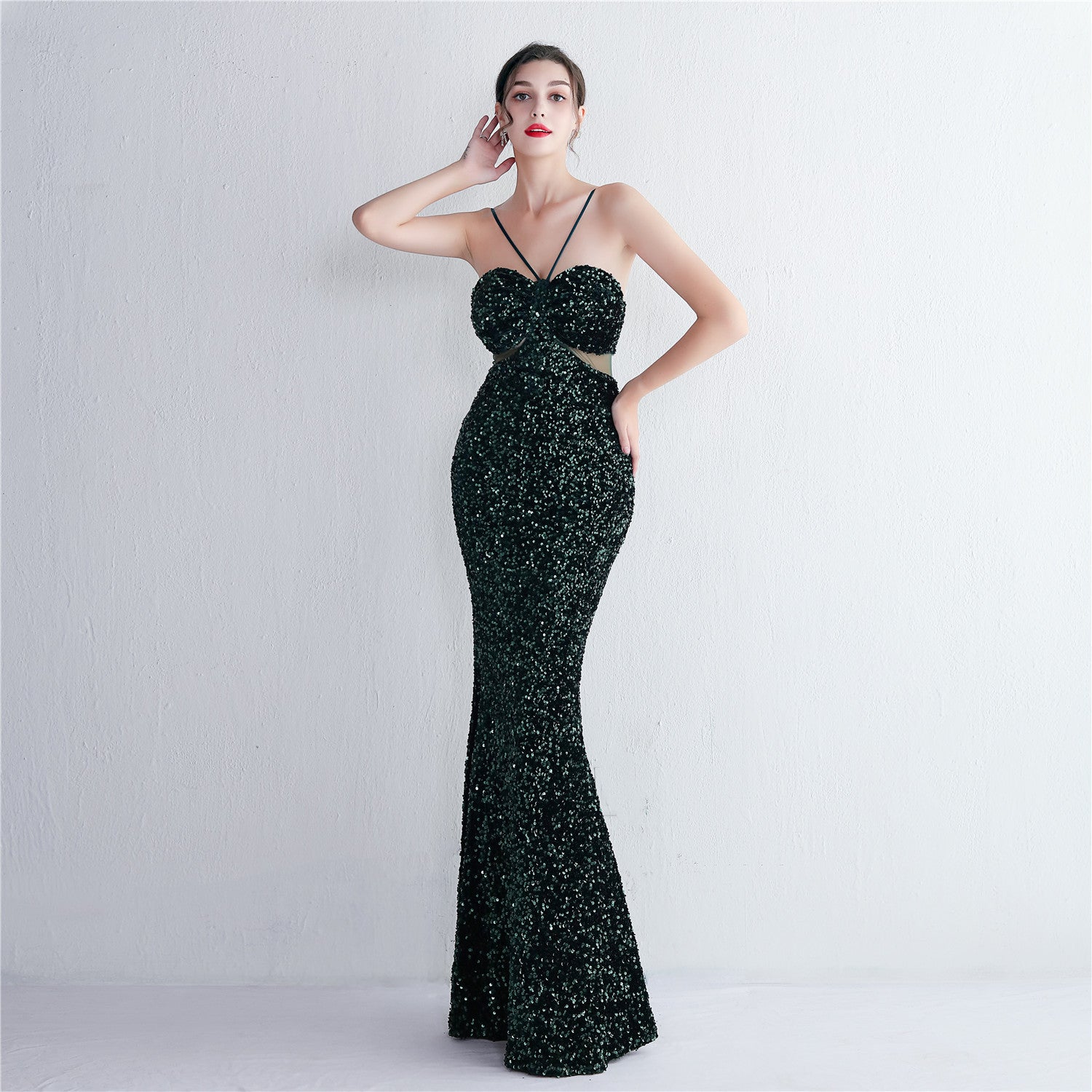 REVCHIC LUXE Elegant Halter Sequin Ruched Maxi Gown