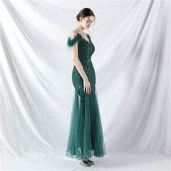 Elegant Ostrich Feather Mesh Sequin Evening Dress