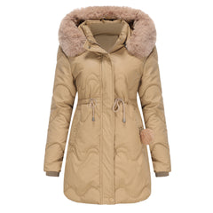 Women Detachable Hat Wool Warm Parka Mid Length Coat