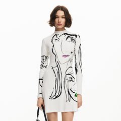 Women Portrait Line Printing Casual Long Sleeve Dress