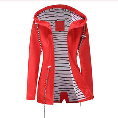 Women Hooded Striped Raincoat Mid Length Trench Coat