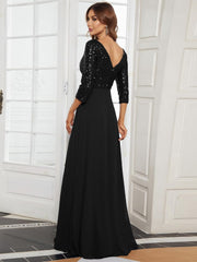 Women Chiffon Double V Neck Sequin Evening Dress