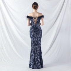 Elegant Boning Corset Ostrich Feather Sequined Evening Dress