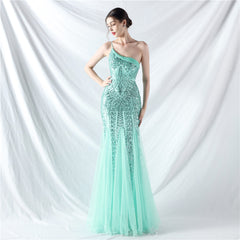 Elegant One Shoulder Beaded Floral Sequin Mesh Evening Dress