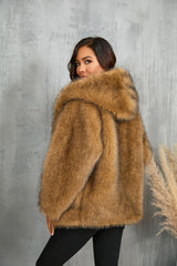 Solid Color Loose Hooded Short Fur Collar Coat