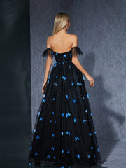 Black off Shoulder Butterfly Embroidered Mesh Evening Dress