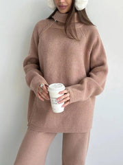 High Collar Zipper Knitted Casual Sweater Two Piece Set