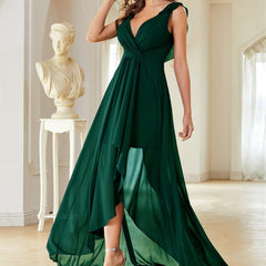 Pleated Backless V neck Chiffon Evening Dress