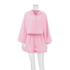 Autumn Pink Cotton Long Sleeve Shorts Ruffled Pajamas Sets