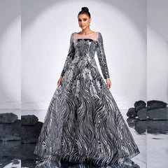 Long Sleeved Round Neck Sequined Evening Dress