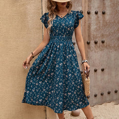 Elegant Floral V Neck Short Sleeve Vacation Dress