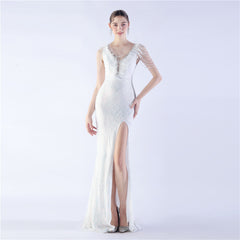 Elegant Feather Beaded Long Sequined Evening Dress