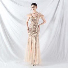 Elegant Ostrich Feather Mesh Sequin Evening Dress