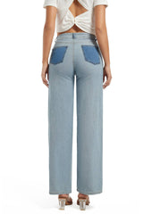 Women Mid Waist Straight Contrast Color Jeans