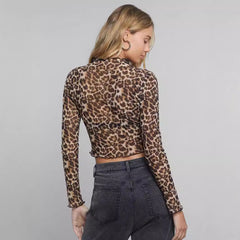 Elegant Mesh Leopard Print Long Sleeve Short Top