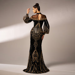 Long Sleeve Sequined Lace Mesh Printed Evening Dress