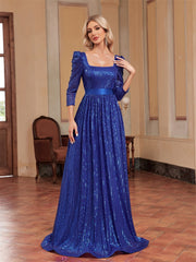 Elegant Sequin Blue Long Sleeved Evening Dress