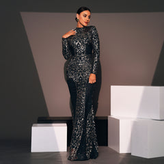 Long Sleeve Mock Neck Sequined Formal Dress